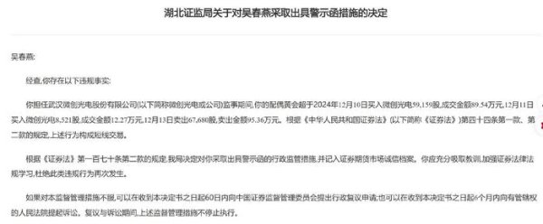 配资操盘股票 担任监事期间配偶构成短线交易，湖北证监局对微创光电吴春燕出具警示函